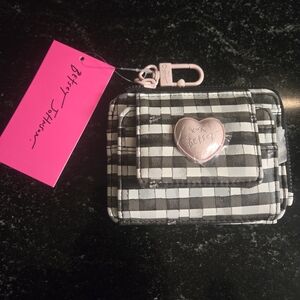 Betsey Johnson Black & White Gingham Card Wallet with Pink Heart Charm